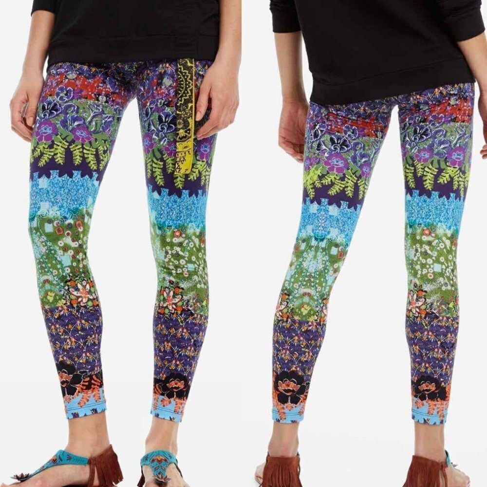 ☀️ NEW DESIGUAL Colorful Jungle Printed Leggings XS Johana Comfy Cute Boho